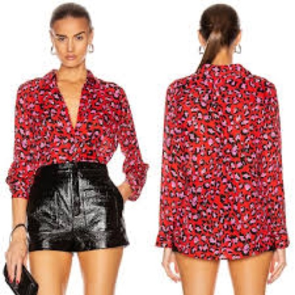 L'AGENCE Red and Black Leopard Print 100% silk Blouse
